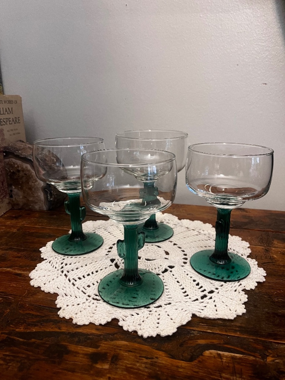 Mexican Margarita Glasses With Green Ribbed Glass Cactus Stem / Set of 4